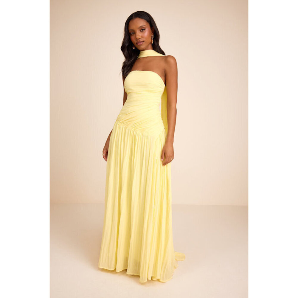 Lulus Nellie Light Yellow Pleated Maxi Dress And Scarf Set - Size S